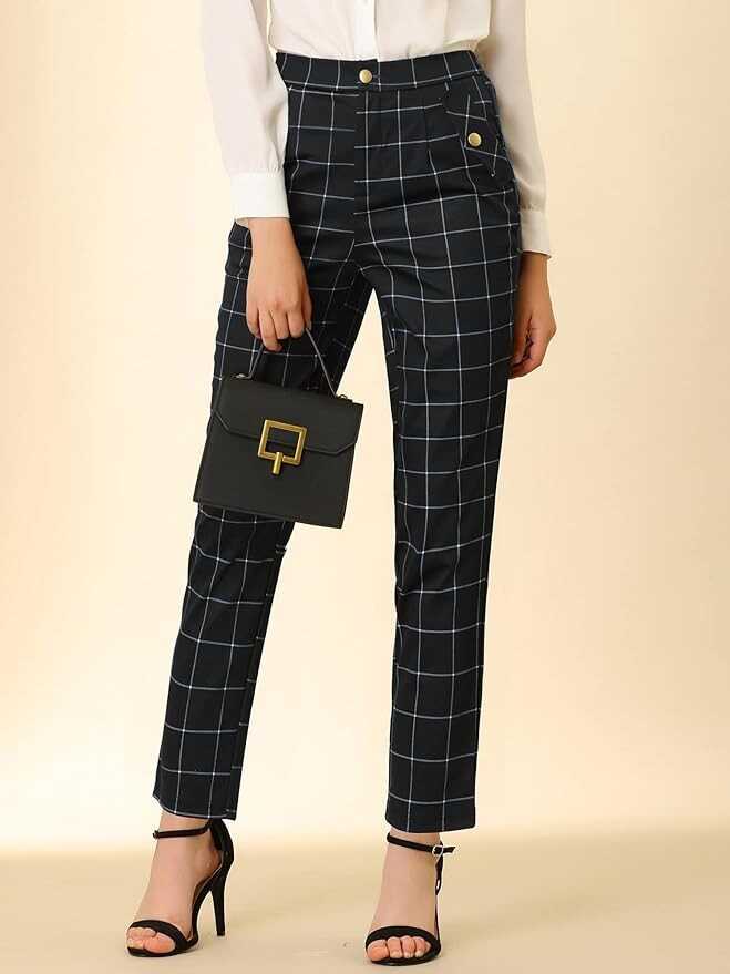 Allegra K Women's Vintage Tartan Plaid Pants Elastic Waist Straight Long Trousers