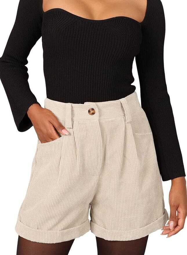 Dokotoo Womens Casual Corduroy Shorts High Waist Roll Up Elastic Relaxed Fit Shorts for Women with Pockets