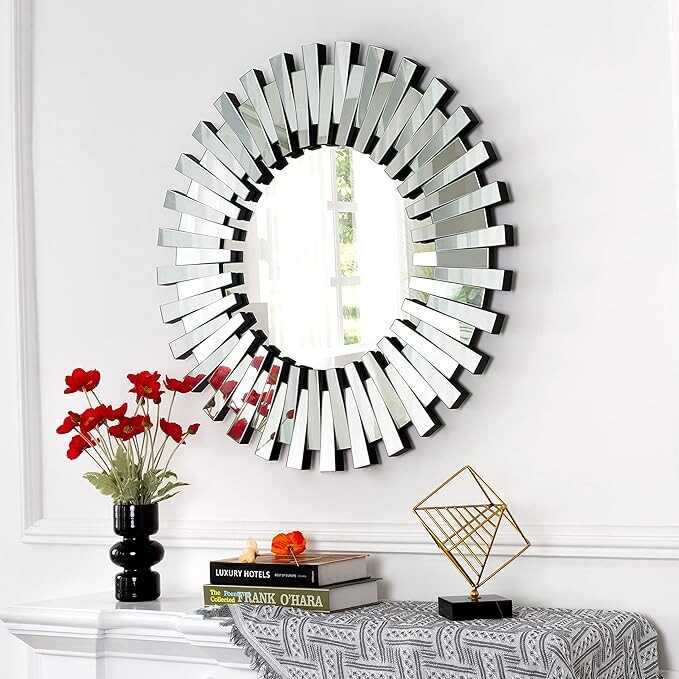 SHYFOY Decorative Mirrors for Wall Home Decor Round Wall Mirror 32 inch Large Modern Silver Mirrors Glass Wall Art Sunburst Wall-Mounted Hanging Accent Mirrors Living Room Bedroom Fireplace Decor