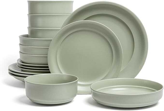 over&back Rim Dinnerware Set - Stoneware Dishes - Comes with 4 Dinner Plates, Salad Plates, Cereal Bowls, and Dinner Bowls - 16-Piece All-Occasion Place Settings - Serves Four - Semi-Matte Sage