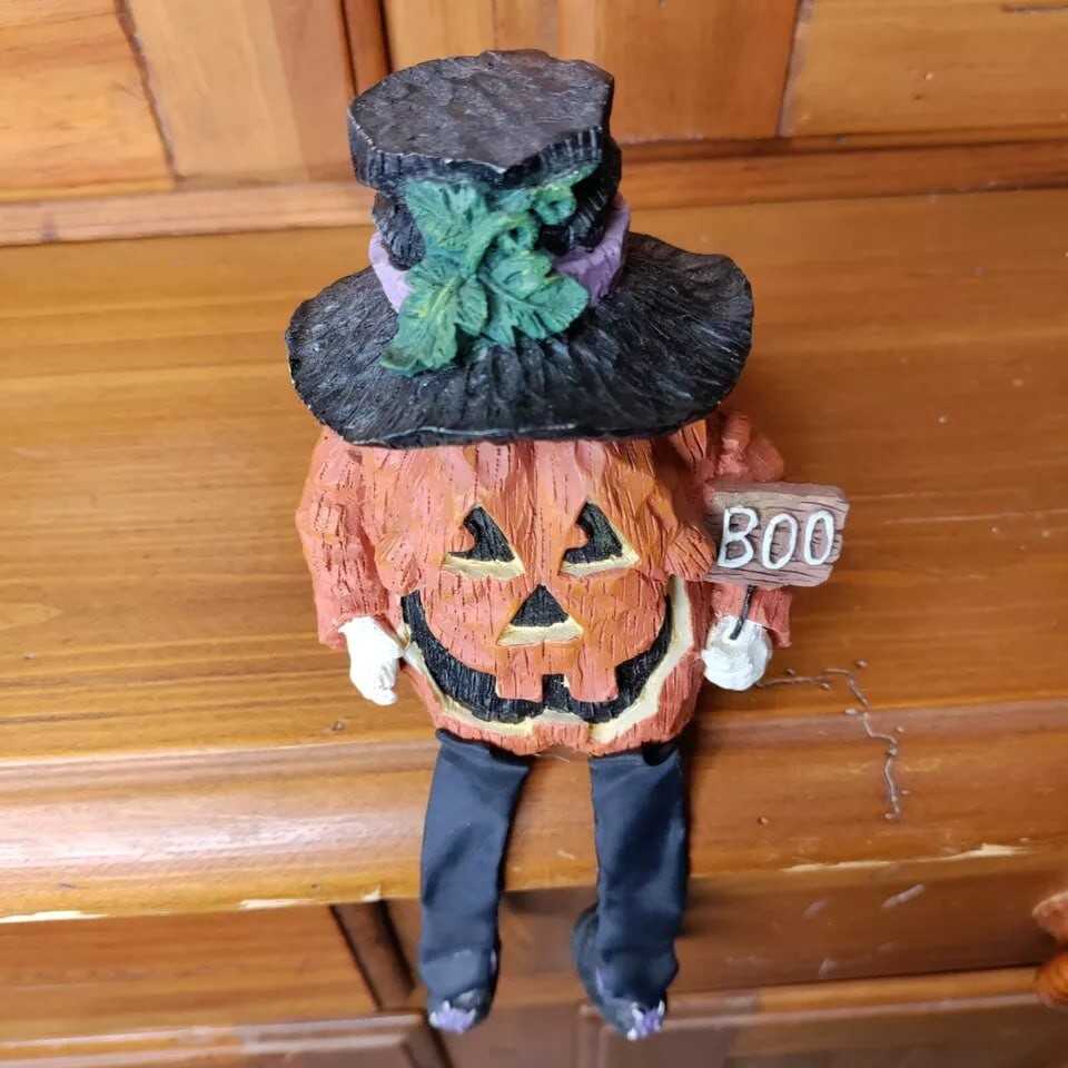 Vintage Jack O Lantern Pumpkin Shelf Sitter Boo Halloween Resin Figurine 8"