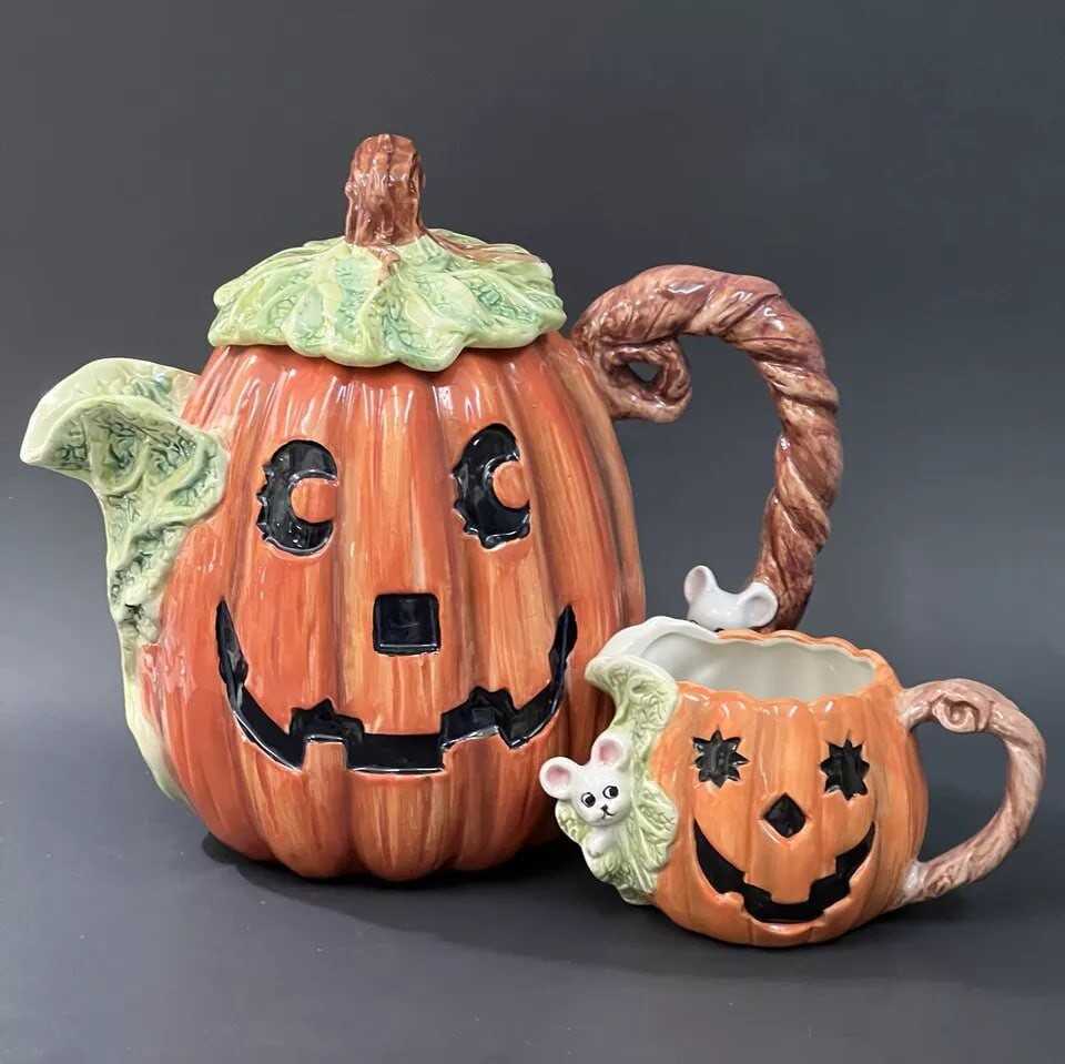 VTG 1989 Fitz Floyd OCI Omnibus PUMPKIN MOUSE Figural Tea Pot w Lid and Creamer