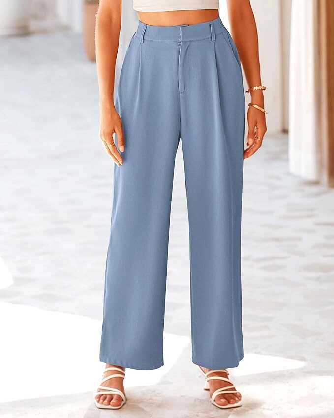 KIRUNDO Women's Elastic High Waisted Wide Leg Dress Pants Loose Fit Pleated Front Business Casual Work Pants Trousers