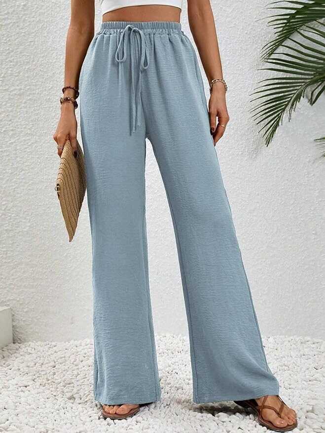 WOWULOVELY Women's High Waisted Wide Leg Long Pants Palazzo Casual Trousers with Pockets
