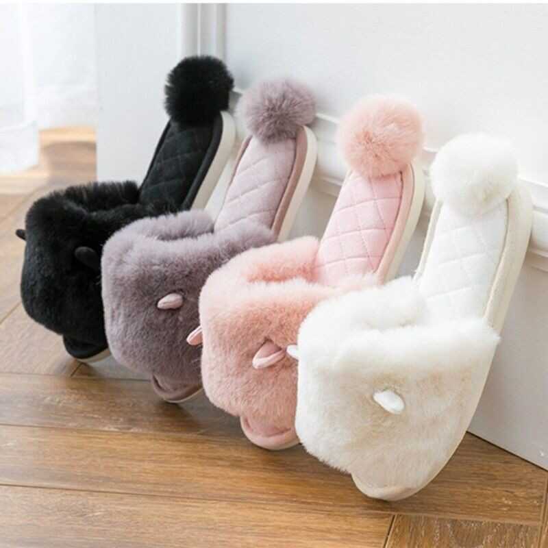 Ladies Winter Faux Fur Slippers Shoes Pom Pom Ear Warm Indoor Home Soft Japanese