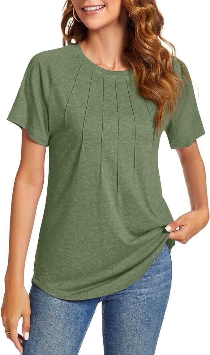 YSYOKOW Womens Summer Tops Casual Short Sleeve Shirts Dressy Blouses Trendy Pleated Tunic