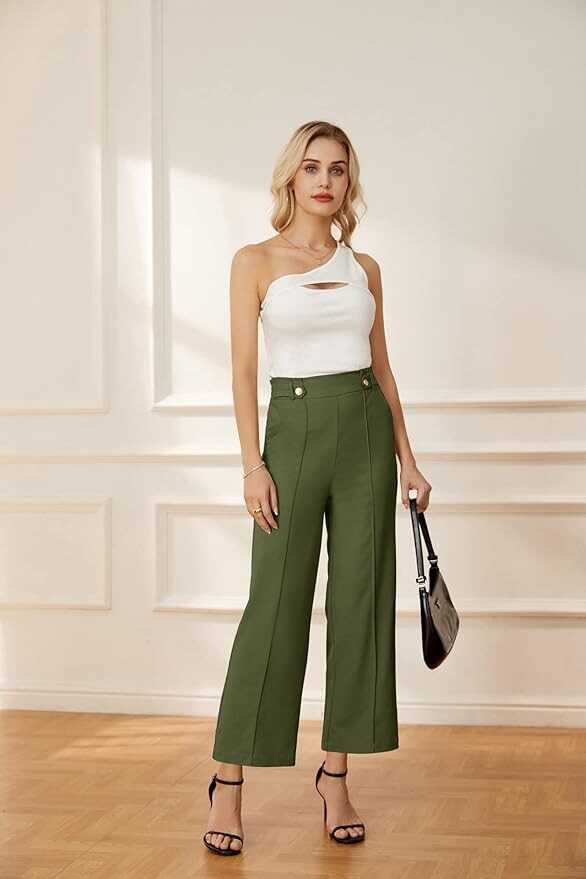 GRACE KARIN Women's Straight Leg Cropped Work Pants Elastic High Waist Wide Leg Business Casual Slacks with Pocket