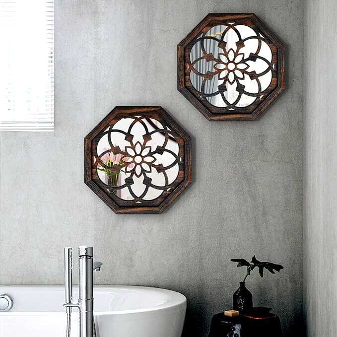 ZOLAPI 2-Piece Octagon Wall-Mounted Mirrors,Vintage Farmhouse Mirror for Wall Decor,Caramel Color Decorative Accent Mirror for Foyer, Bathroom, Bedroom. (12”x12”)