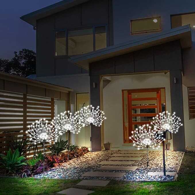 Solar Garden Lights, Firework Lights Outdoor 5 Pack 120 LED Solar Waterproof Decorative Starburst Lights Landscape Lamp 18 Hours Working Time, Decor for Courtyard Garden Christmas Party(Cool White)