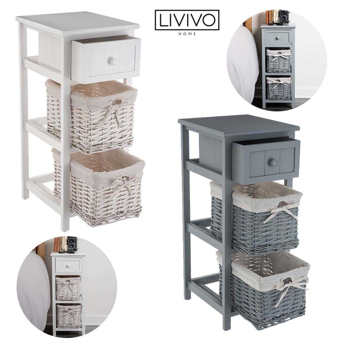 Shabby Chic Bedside Unit Tables Drawers Cabinet + Wicker Storage Wooden Bedroom