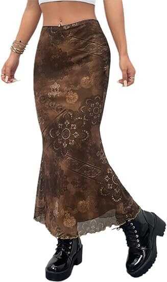Avanova Women Boho Floral Mesh Mermaid Skirt High Waist Summer Fishtail Midi Skirt