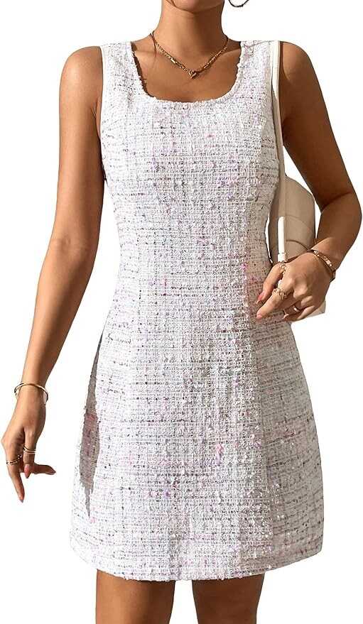 SOLY HUX Women's 2024 Elegant Tweed Dress Summer Sleeveless Dress White Cocktail Dress Business Casual Dress for Women