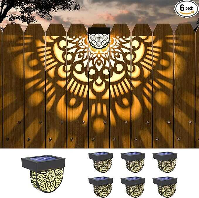 EKQ 6 Pack Solar Fence Lights Solar Outdoor Wall Lights Plastic Solar Powered Deck Step Stair Lights Moon Theme Waterproof Fence Solar Light for Garden Post Patio Backyard Yard Decor (Black, 6 Pack)