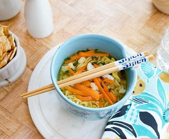 Silver Buffalo Disney Lilo & Stitch Japanese Ceramic Dinnerware Set | Includes 20-Ounce Ramen Noodle Bowl and Wooden Chopsticks