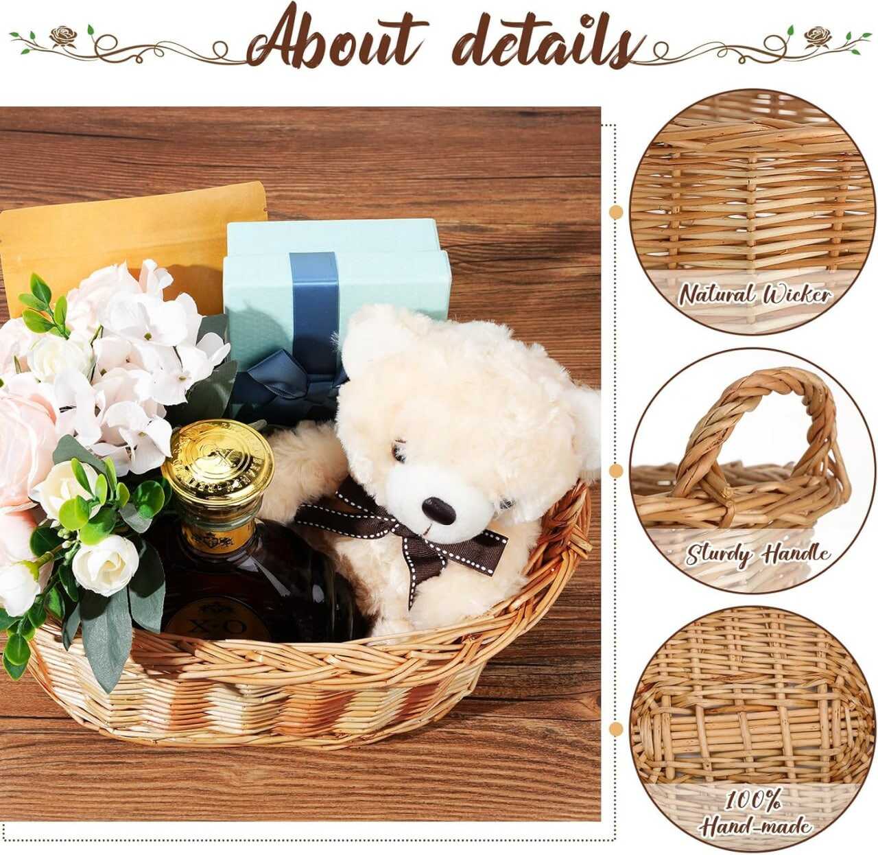 6 Pack Wicker Picnic Basket with Handles for Gifts 12.99 x 5.12 Inch Multipurpose Wicker Basket Hand Woven Harvest Basket Willow Bread Basket Empty Gift Baskets for Picnic Flower Fruit Storage