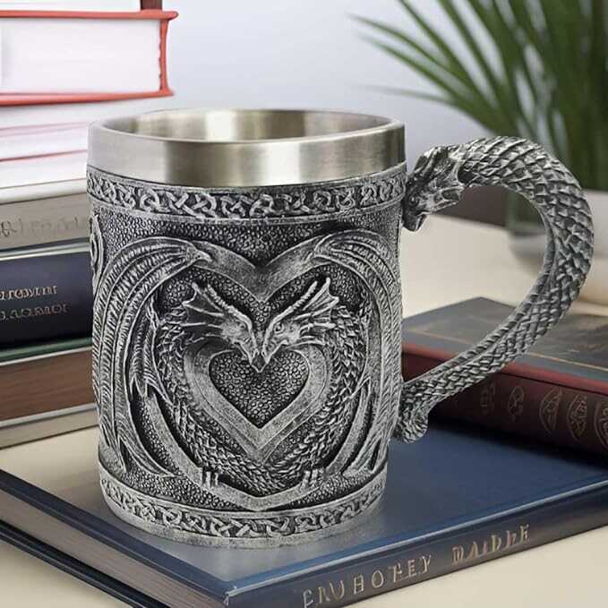Dungeons and Dragons Gifts for Men/Women,Dnd Gaming Mugs-Novelty Gothic Game of Thrones Dragon Mug Cup for Medieval Party Decorations and Lovers-Stainless Beer Tankard Mug Double Dragon Coffee Mug