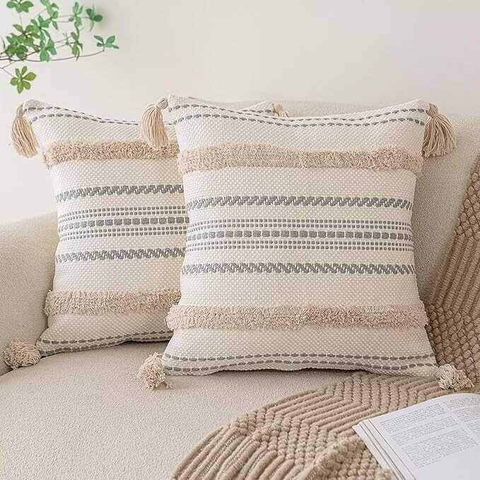 BUIOVBEY Boho Throw Pillow Covers 18x18 Set of 2 Woven Tufted Farmhouse Pillows Cover with Tassels Textured Striped Cushion Case Neutral Pillow Cases Decorative Pillowcase for Sofa, Couch, Bed, Khaki