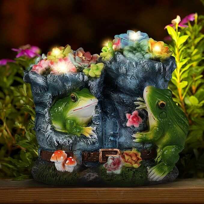 shumi Solar Garden Outdoor Statues Frog with Succulent and 6 LED Lights - Lawn Decor Frog Statue for Patio, Garden, Balcony, Yard Ornament - Unique Housewarming Gifts for Mom Wife
