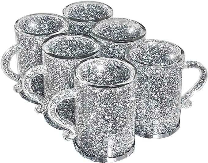 Lmaray Silver Crystal Glass Coffee Mug Set of 6, Mug Cup Sets Coffee Cup Cappuccino Cup Juice Cup, 6.7oz, Filled with Sparkly Crystal Crushed Diamonds, Bling Kitchen Table Top for Mug Rack