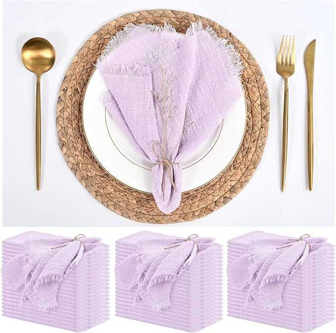60 Pack Lavender Napkins Cotton Linen Napkins 16 x 16 Inch Lilac Napkins Handmade with Fringe Soft Napkins Cloth Washable Rustic Dinner Napkins Cloth for Wedding Party Dinner Table