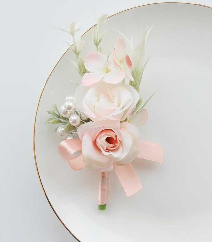 MAFELOE 2Pcs Men Boutonniere Corsage Set, Artificial Flowers for Groom Groomsmen Wedding Prom Party Ceremony Anniversary Formal Dinner Flowers Accessories Suit Decor- Pale Pink