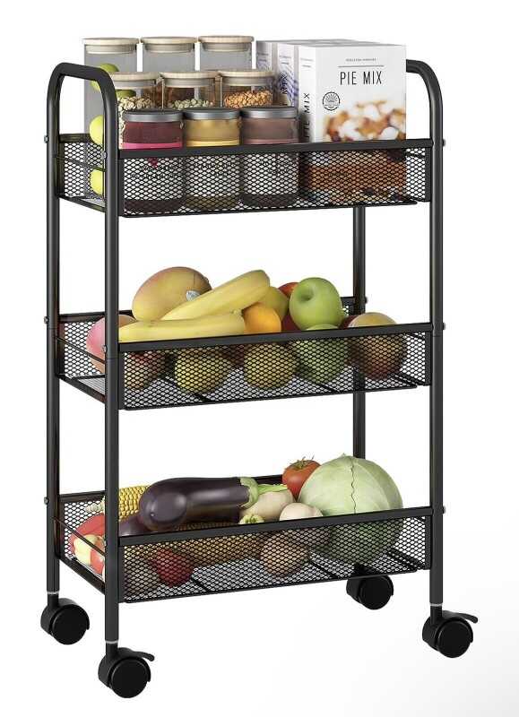 3 Tier Metal Rolling Storage Cart, Utility Organizer Storage Shelves, 4 Wheels