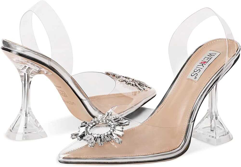 wetkiss Clear Heels Shoes for Women, Crystal Rhinestones Slingback Wedding Shoes Pointed Toe High Heel Sandals
