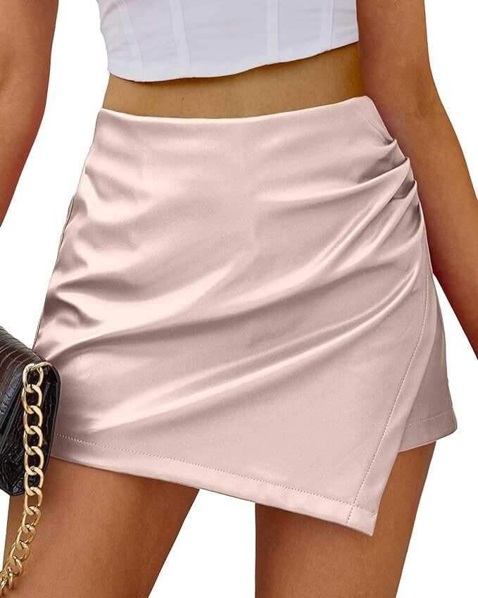 luvamia Shorts for Women Faux Leather Skorts High Waisted PU Leather Shorts Elastic Waist Ruched Wrap Skorts Skirts