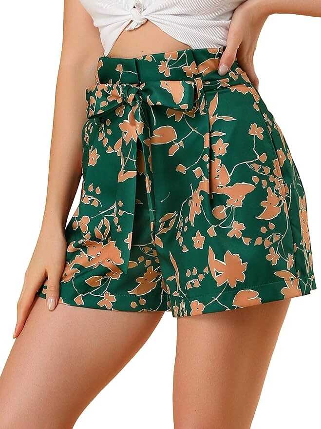 Allegra K Women's Summer Bow Tie High Waist Short Floral Paper Bag Shorts