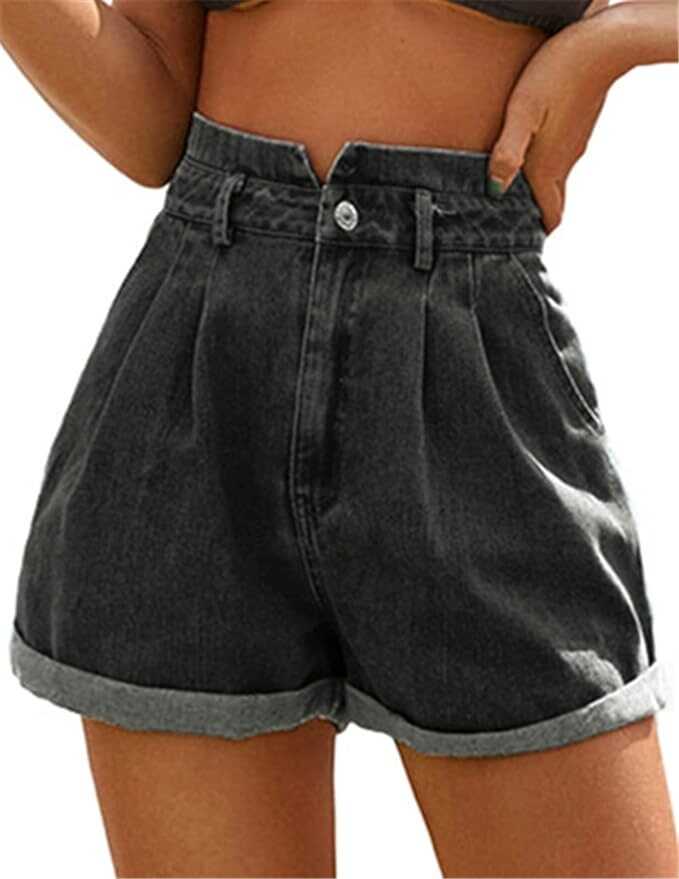 JASAMBAC Women's High Waisted Denim Shorts Rolled Hem Wide Leg Casual Jean Shorts with Pockets