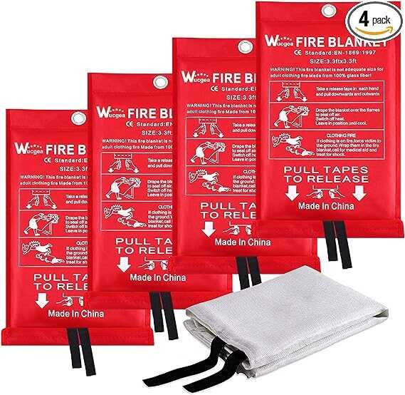 Wucgea Fire Blanket for Home and Kitchen - 4 pack Safety Fiberglass Emergency Fire Blankets Suppression Flame Retardant for School Fireplace Grill Car Office Garage Welding Warehouse 3.3ft x 3.3ft