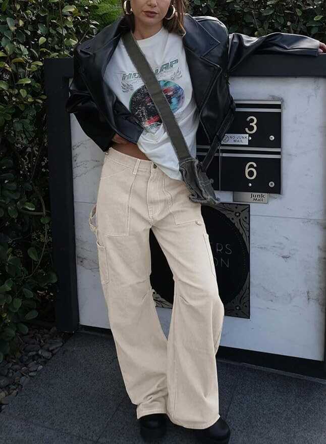 Darong Women's Cargo Pants Straight Wide Leg Casual Pants Trouser Y2K Pants with 6 Pockets