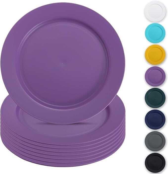 Berglander Plastic Plates Set of 8 Pieces 10", Purple Reusable Flat Dinner Plates, Salad Plates, Pasta Bowls, Dishes Set Easy to Carry for Home, Garden, Picnic, Camping, Outdoor