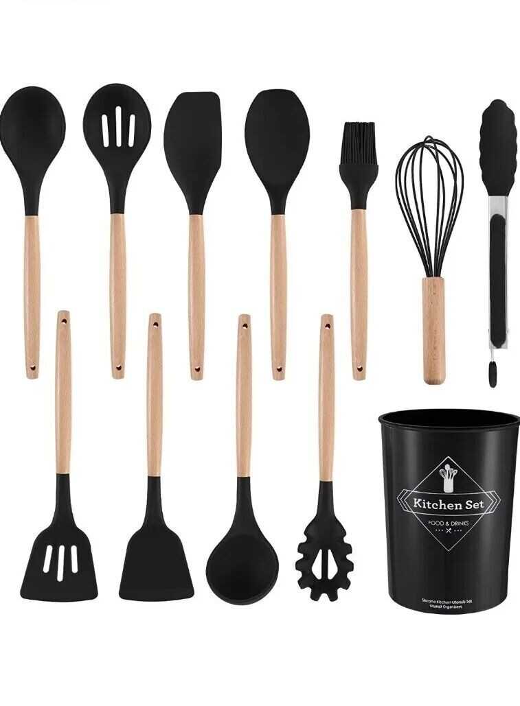 12-PCS Kitchen Silicone Utensil Set - Non Stick Cooking Utensils Wooden Handle