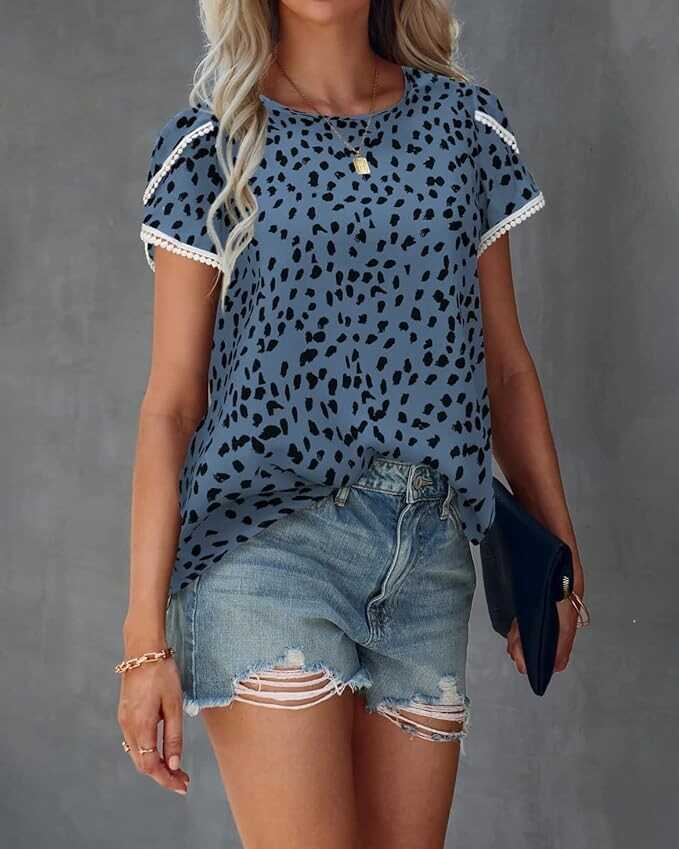 Pretty Garden Womens Cute Floral Print Summer Casual Crewneck Lace Crochet Short Sleeve Loose Tunic Top