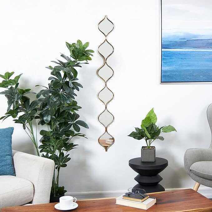 eco 79 Metal Room Wall Mirror Slim Stacked Chain 6 Layer Entryway Mirror with Tear Drop Pattern, Wall Mounted Mirror 6" x 1" x 51", Gold