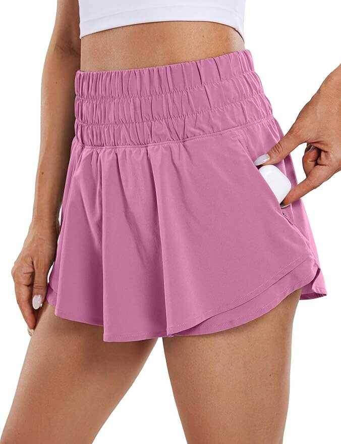 CRZ YOGA Athletic Shorts for Women High Waisted Flowy Ruffle Skirt Overlay Workout Running Tennis Shorts Zip Pocket