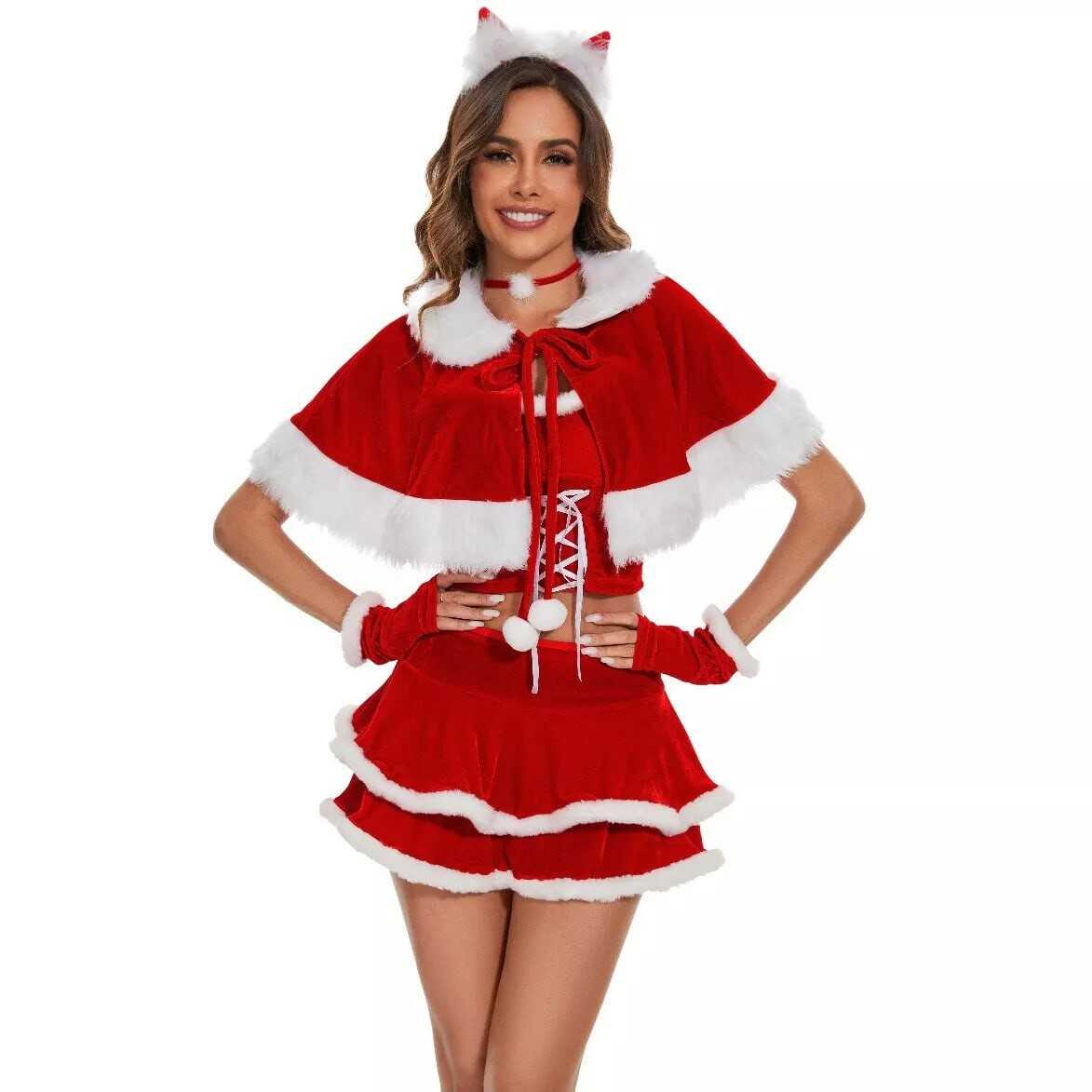 Sexy Christmas Costume Suit Santa with Shawl Women Dress Outfits Birthday Party