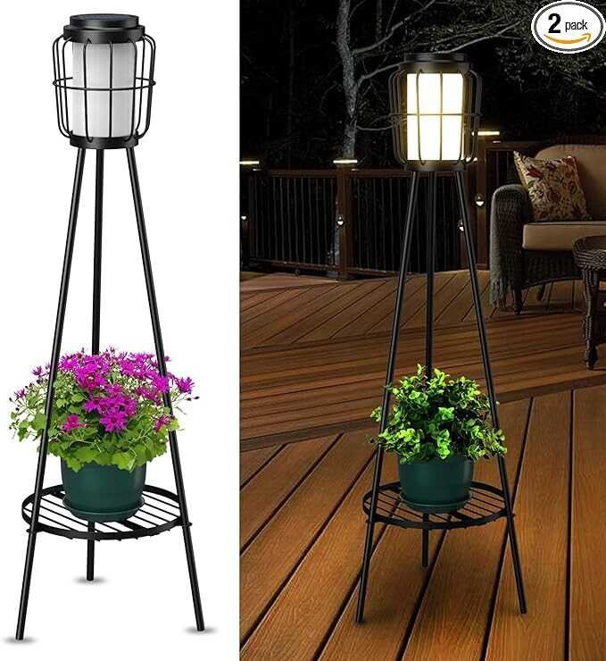 2 Pack Solar Lights Outdoor with Plant Stands, Solar Floor Lamp, Solar Powered Street Lights Metal Tripod Deck Lights for Garden Yard Pathway Driveway Porch