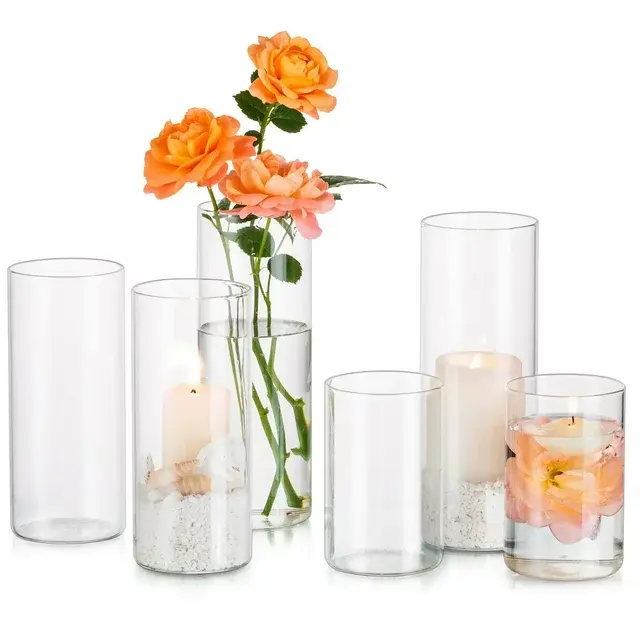 Glasseam Glass Cylinder Vase in Bulk for Wedding Centerpieces 2.4" Dia x（4"+6"+8")Tall Clear Hurricane Floating Candle Vases Set of 6