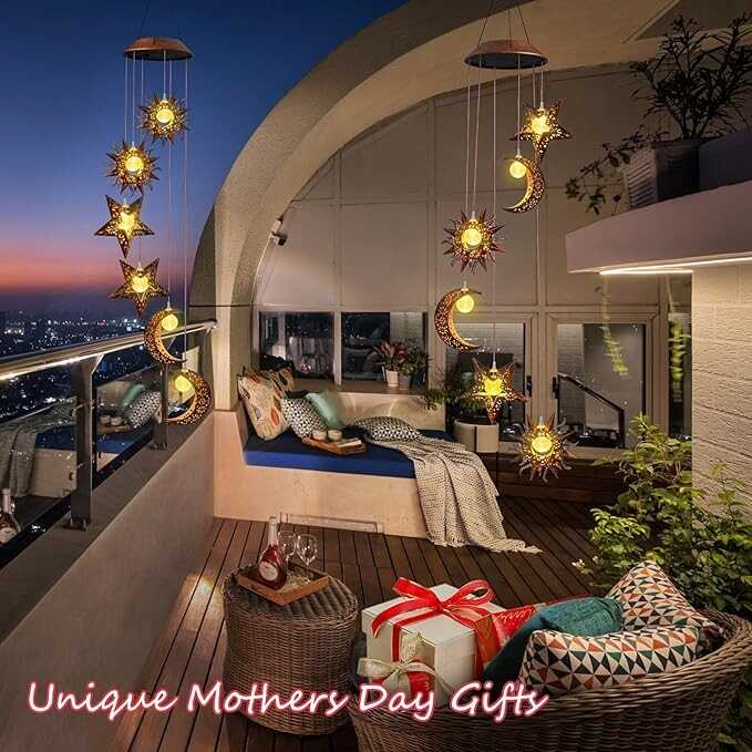 Solar Wind Chimes for Outdoor Lights Sun Moon Star Mom Wife Hanging Decor Outdoor Sympathy Wind Chimes for Garden Patio Balcony Birthday Womens Gifts