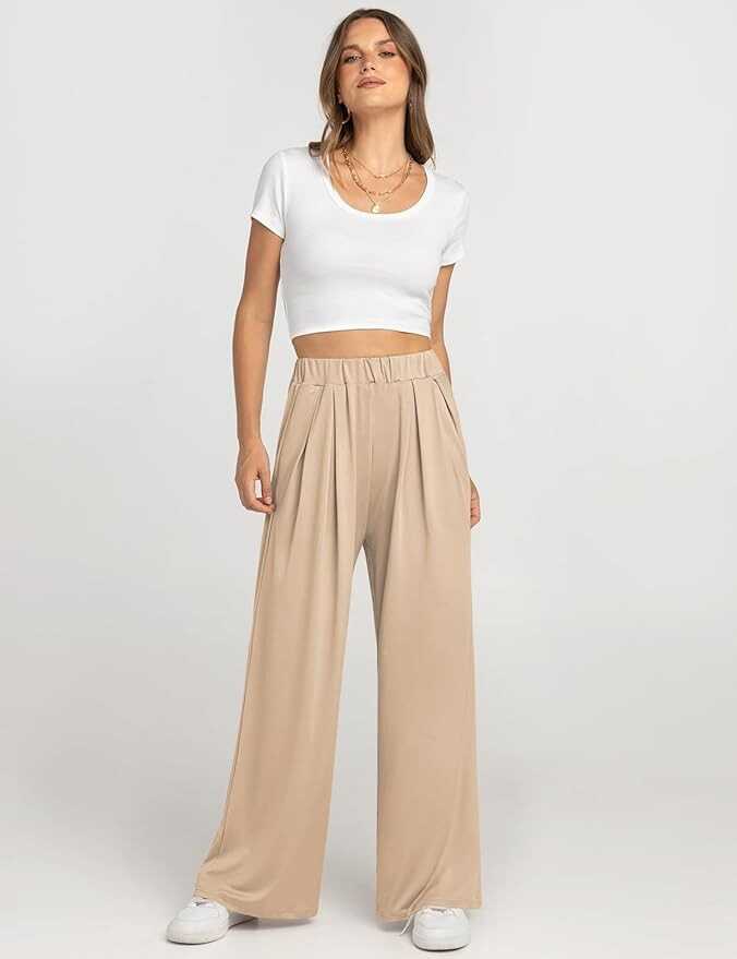 UEU Womens Wide Leg Palazzo Pants Casual High Waisted Flowy Lounge Pants with Pockets