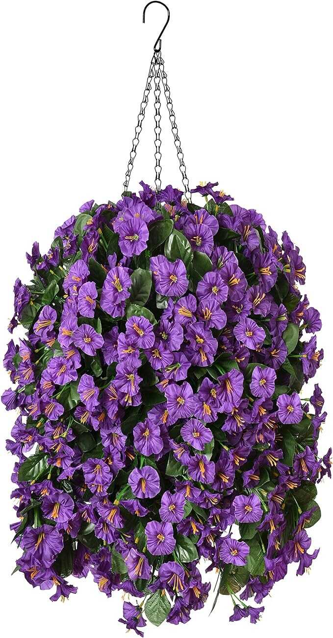 Artificial Faux Hanging Flowers Plants Basket for Spring Outdoor Outside Porch Decoration, Fake Silk Purple Morning Glory Long Vines Realistic UV Resistant for Home Balcony Garden Yard Patio