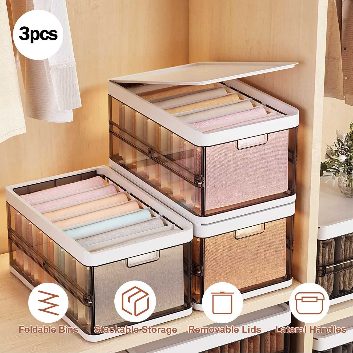 3 Packs Collapsible Storage Bins Wardrobe Closet Organizer Container With Lid