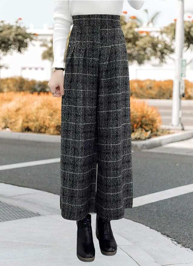 chouyatou Women's Winter High Waist Wide Leg Plaid Wool Blend Palazzo Capri Pants Culottes with Pockets