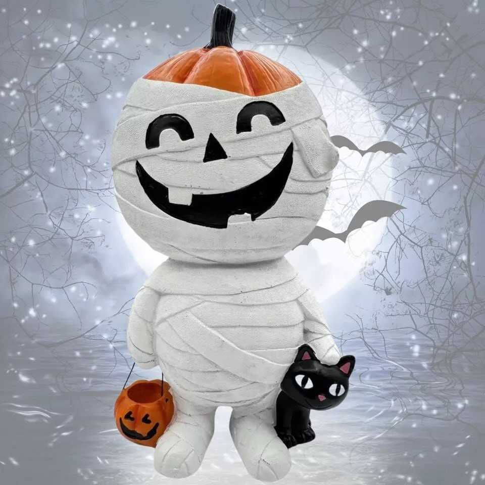 Halloween 2024 Mummy Black Cat Trick or Treating Pumpkin Bucket Resin Figurine