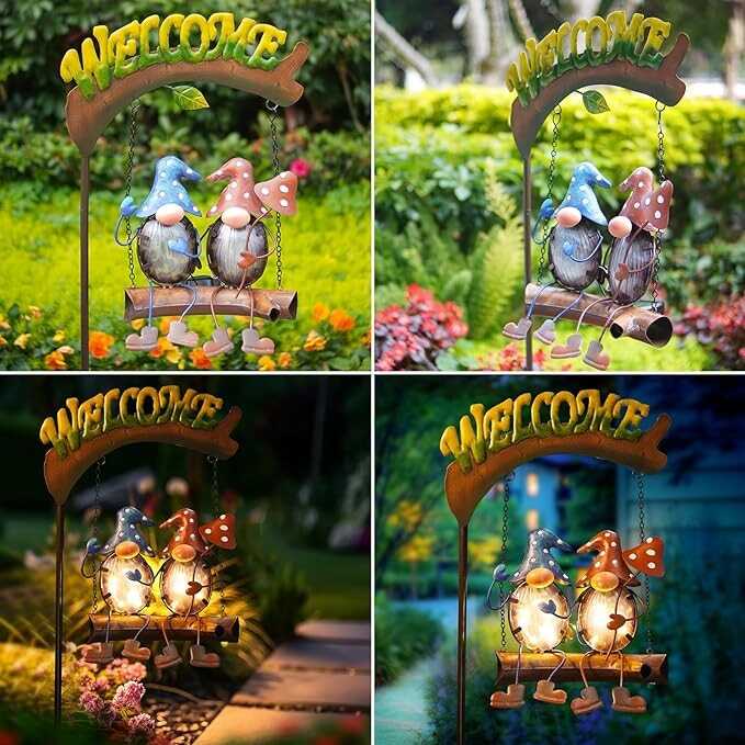 HONGLAND Solar Lights Outdoor Decor, Gnomes Swing Garden Decor, Funny Gifts for Women Mom, Gnomes Outdoor Decorations with Welcome Sign for Front Porch Patio