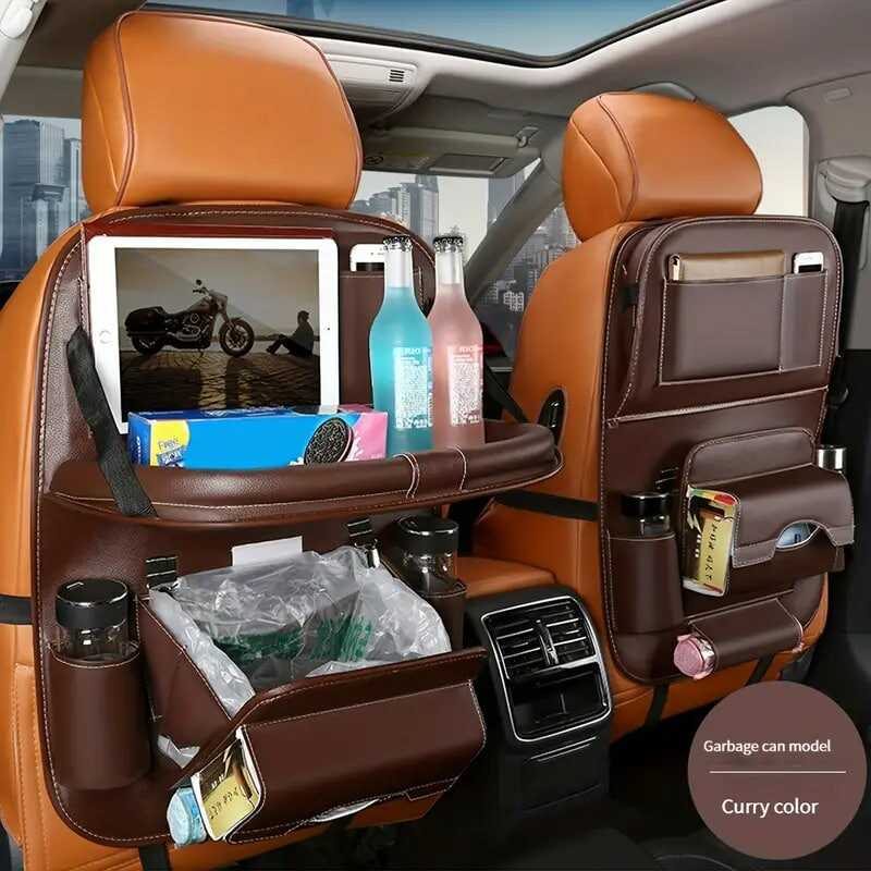 1pc Car Seat Back Faux Leather Luxury Storage Bag With Dining Tray Tissue Box Garbage Bag Hanging Bag Rear Seat Back Storage Bag