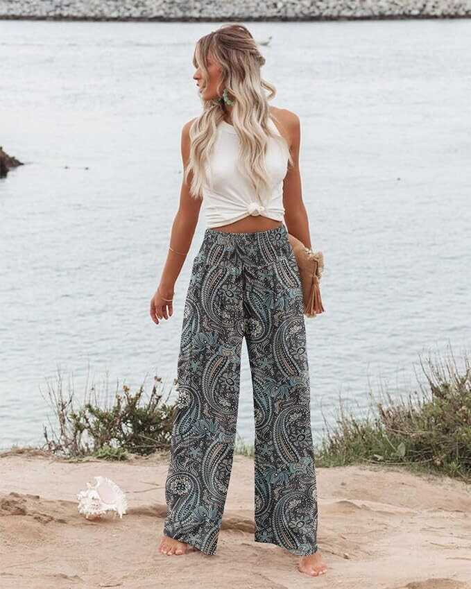 Angerella Womens Elastic High Waisted Palazzo Pants Casual Wide Leg Long Lounge Pant Trousers with Pocket