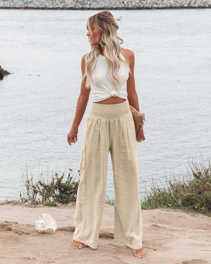 Angerella Womens Elastic High Waisted Palazzo Pants Casual Wide Leg Long Lounge Pant Trousers with Pocket